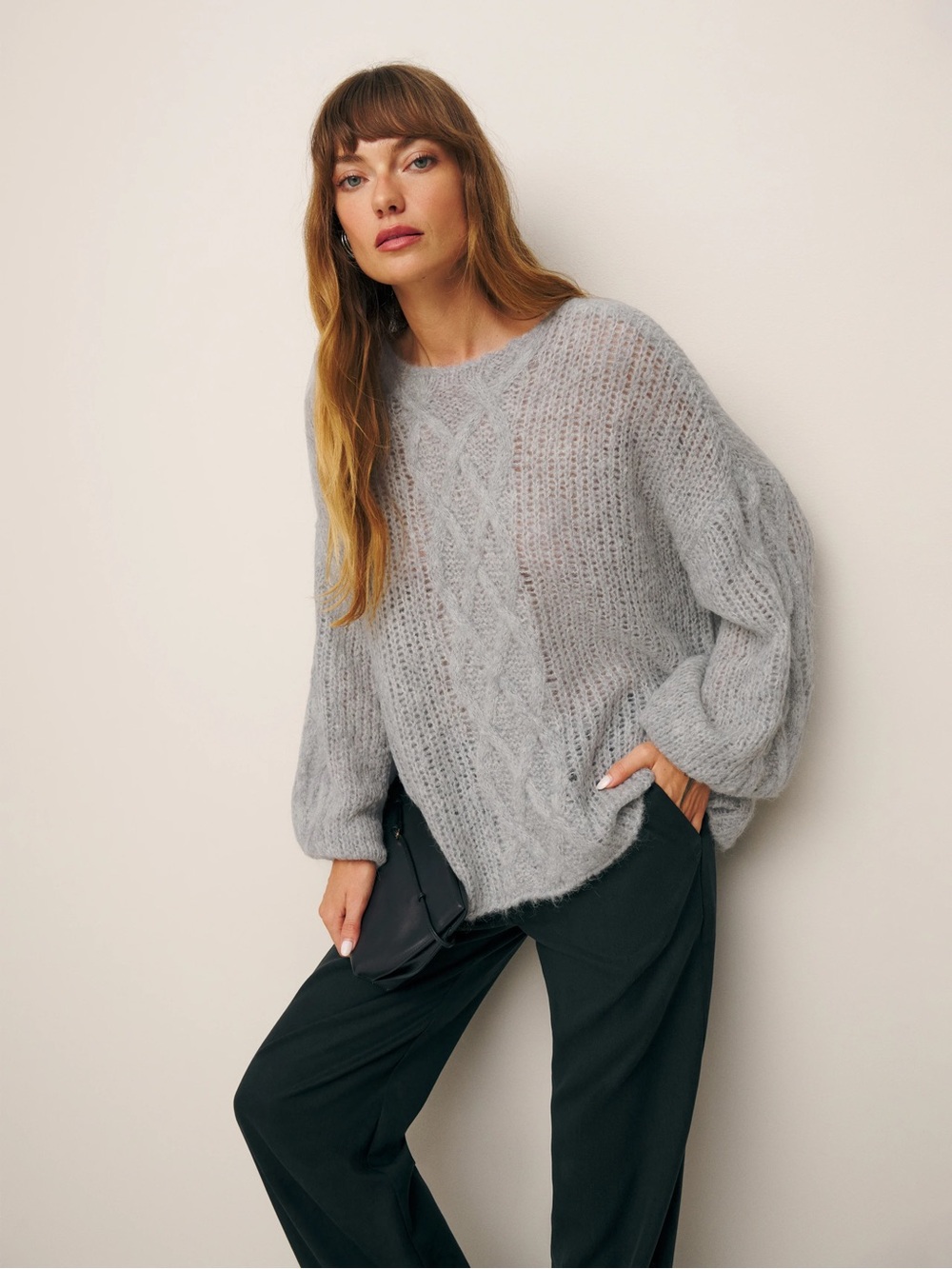 Reformation Light Gray Cable Knit Scoop Pullover